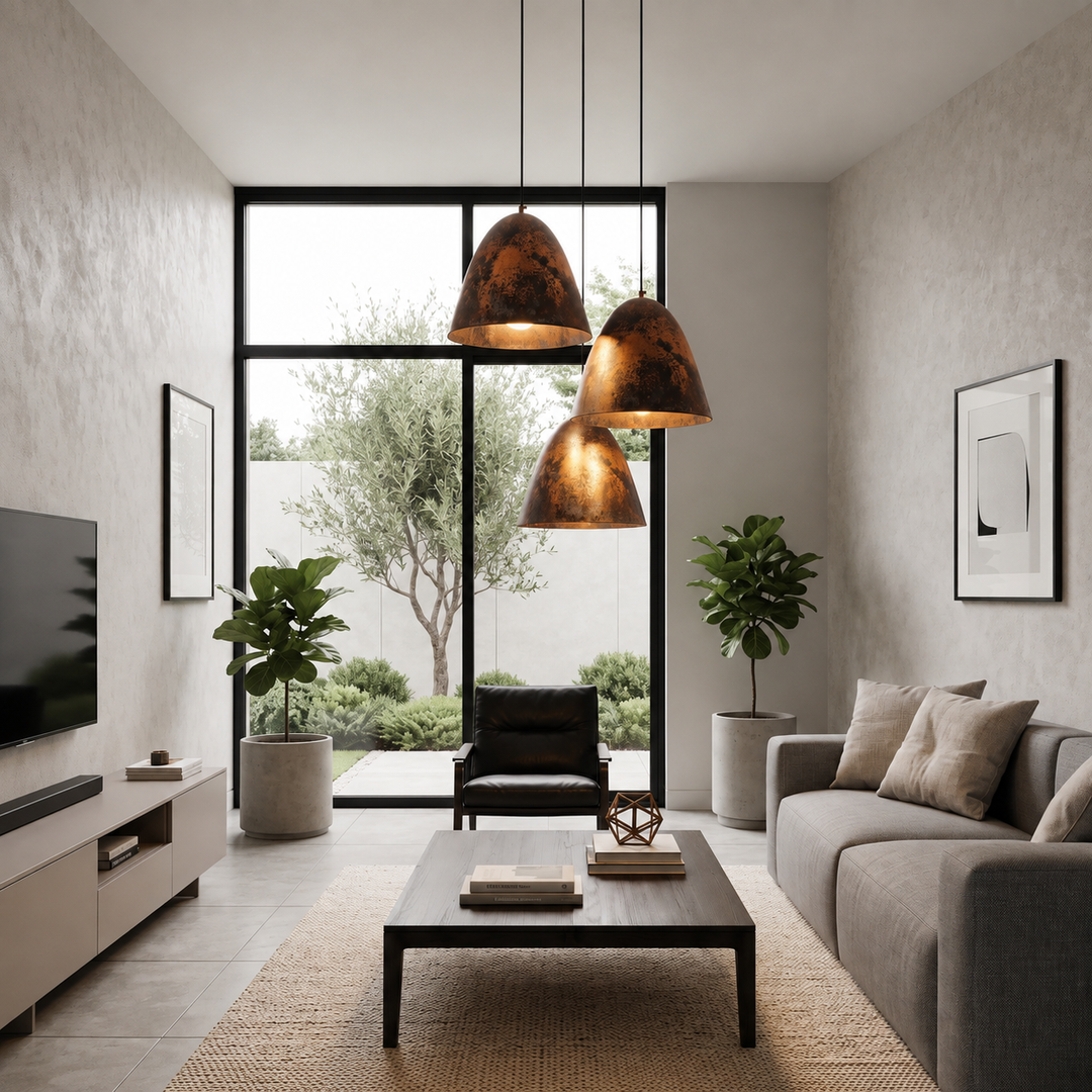 Handmade aged copper dome pendant light with a dark distressed patina in a modern industrial interior.