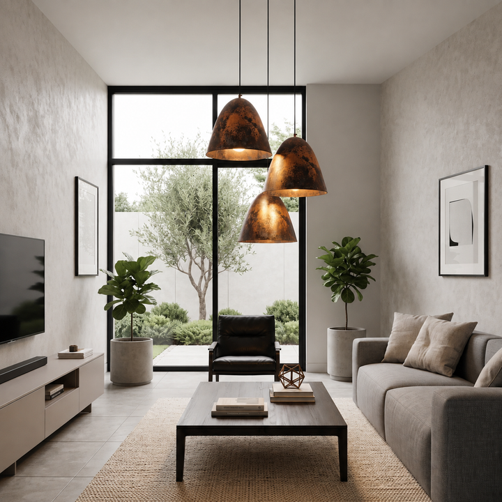 Handmade aged copper dome pendant light with a dark distressed patina in a modern industrial interior.