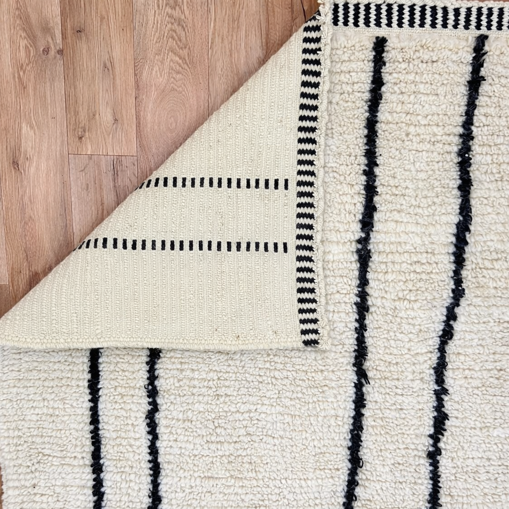 Handmade Moroccan wool runner rug in white with black abstract lines, minimalist design for hallway or entryway.