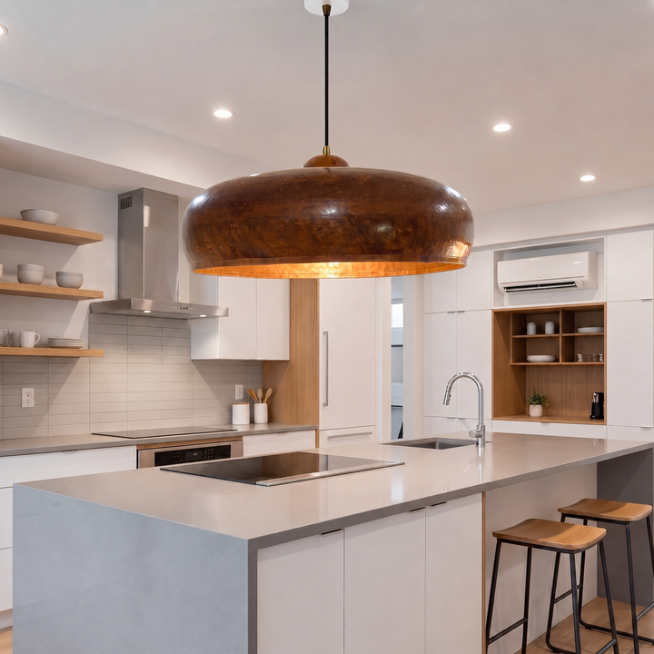 Handmade hammered copper pendant light with a wide Moroccan dome design, displayed in a modern luxury living room.