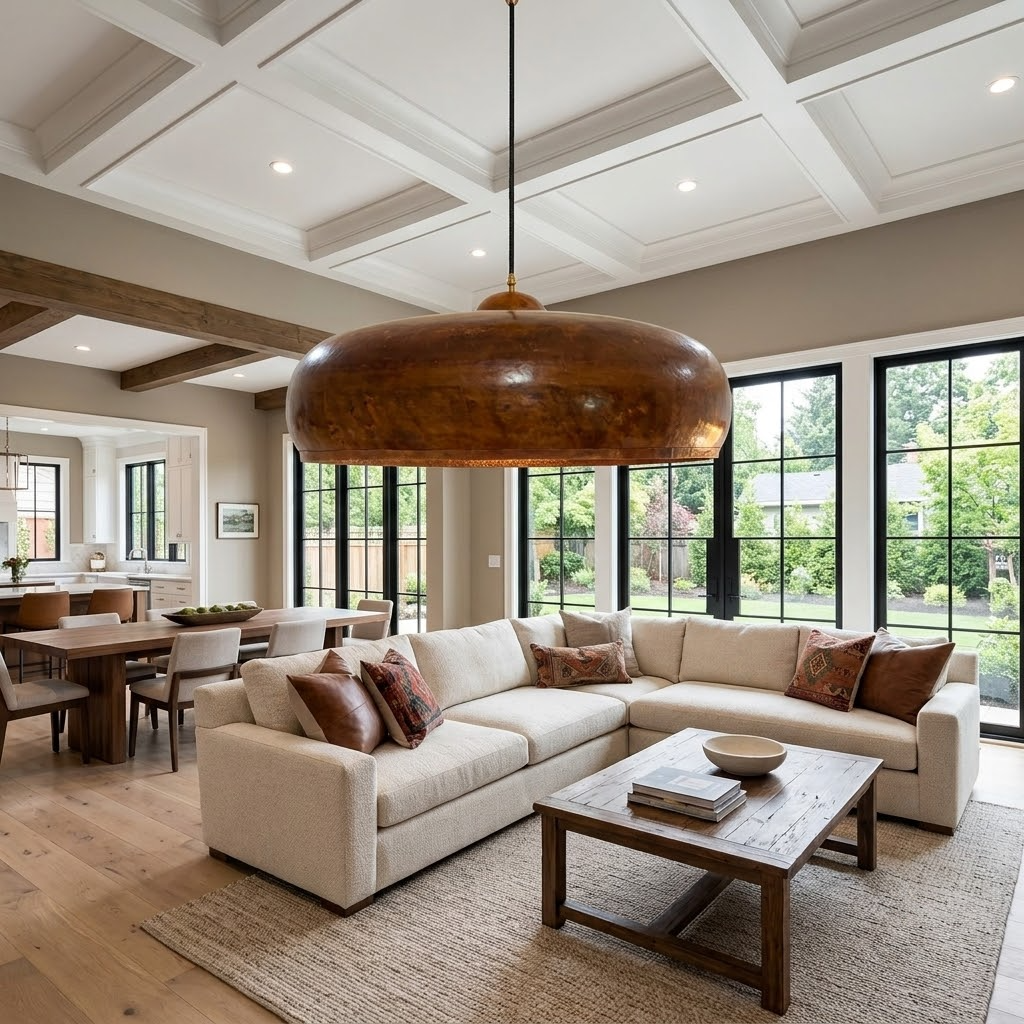 Handmade hammered copper pendant light with a wide Moroccan dome design, displayed in a modern luxury living room.
