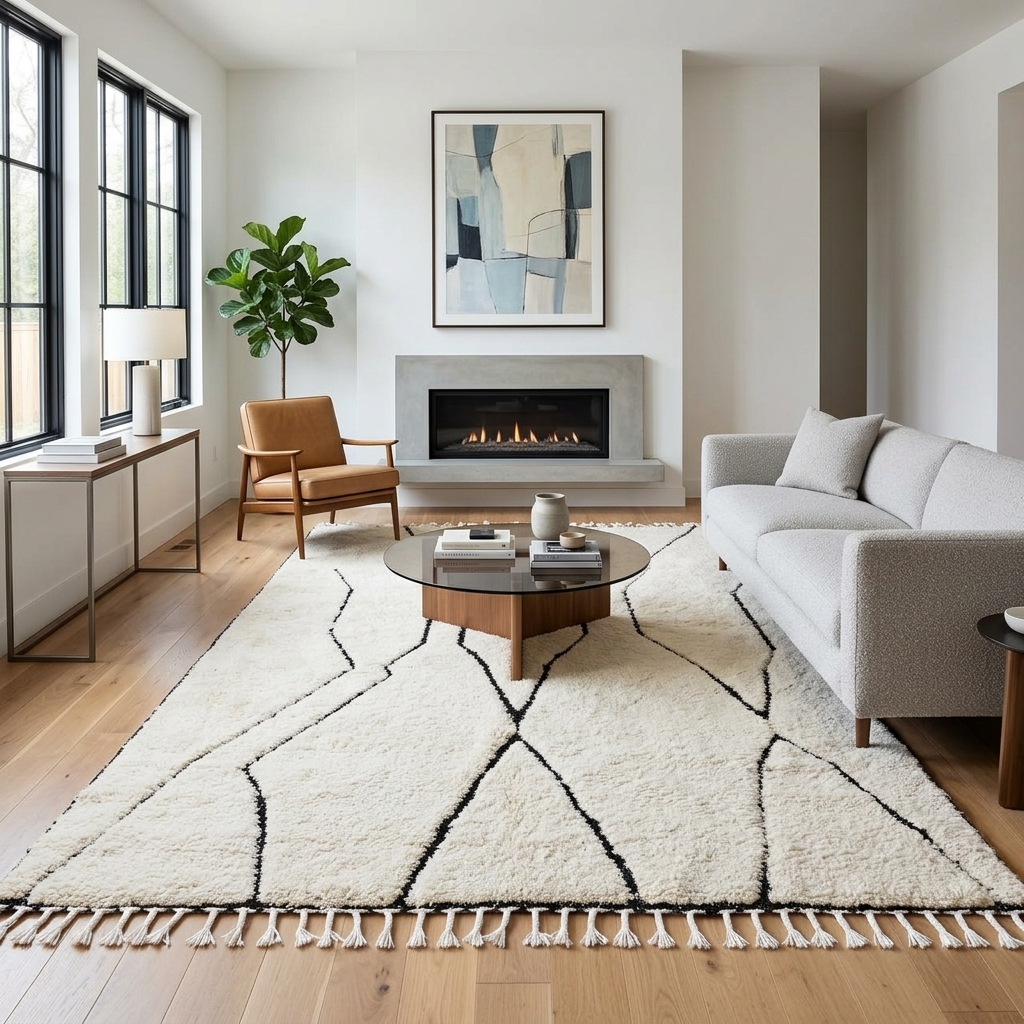 Handmade Moroccan Beni Ourain wool rug in ivory with black abstract geometric lines and tassels
