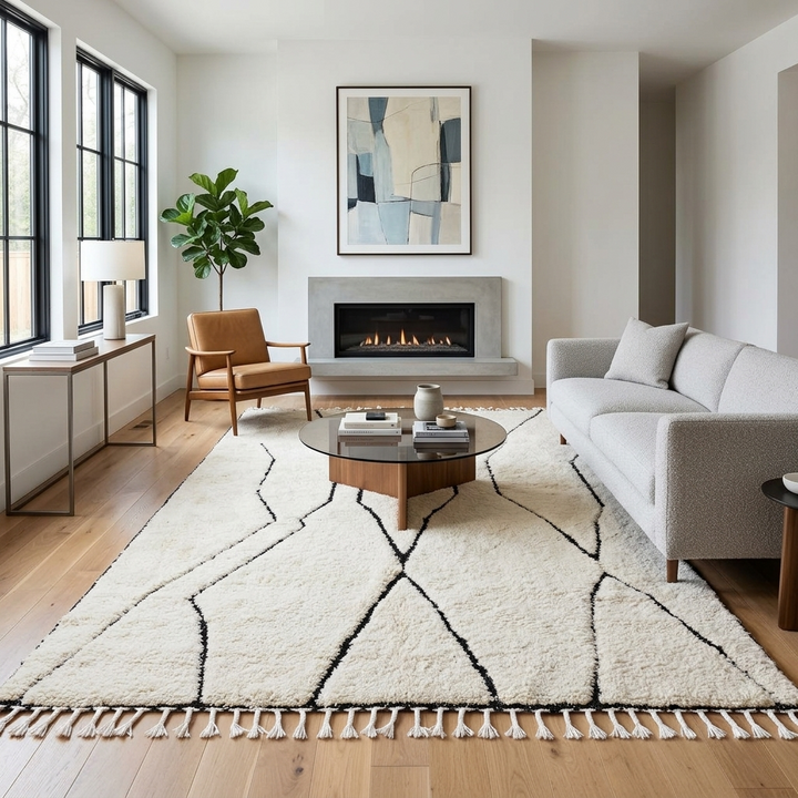 Handmade Moroccan Beni Ourain wool rug in ivory with black abstract geometric lines and tassels