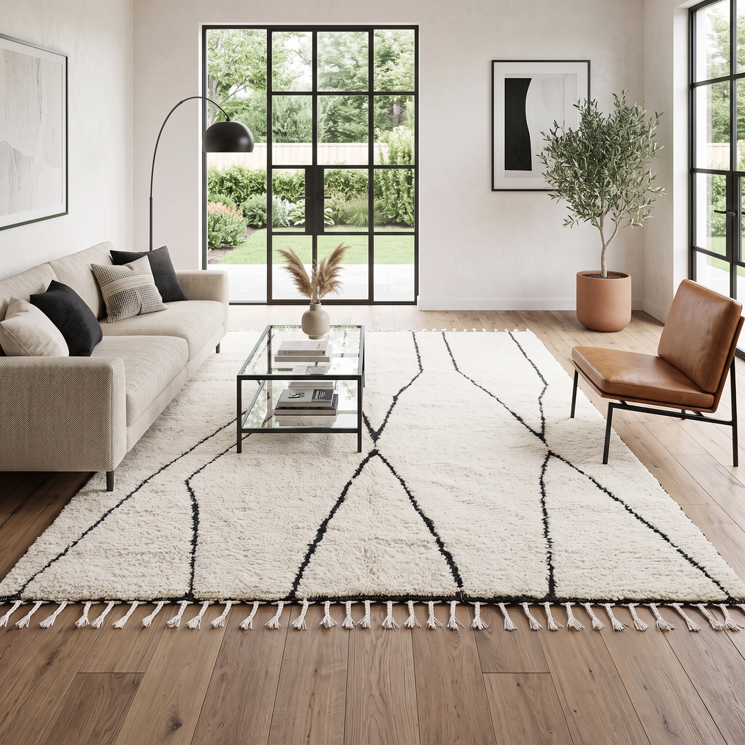 Handmade Moroccan Beni Ourain wool rug in ivory with black abstract geometric lines and tassels