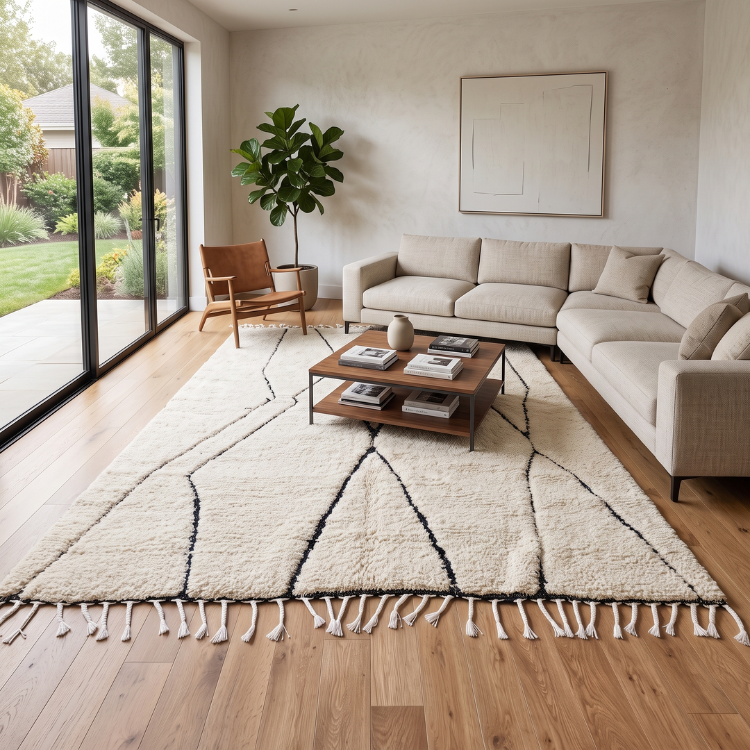 Handmade Moroccan Beni Ourain wool rug in ivory with black abstract geometric lines and tassels