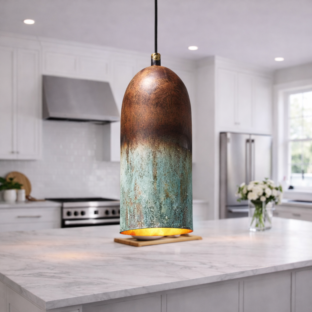 Handmade Moroccan Copper Pendant Light – Green Patina Kitchen Island Hanging Lamp
