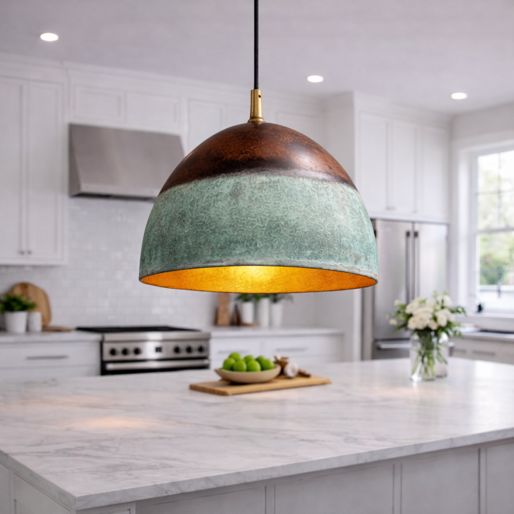 Handmade Moroccan Dome Pendant Light – Rustic Copper &amp; Green Patina Kitchen Island Lamp