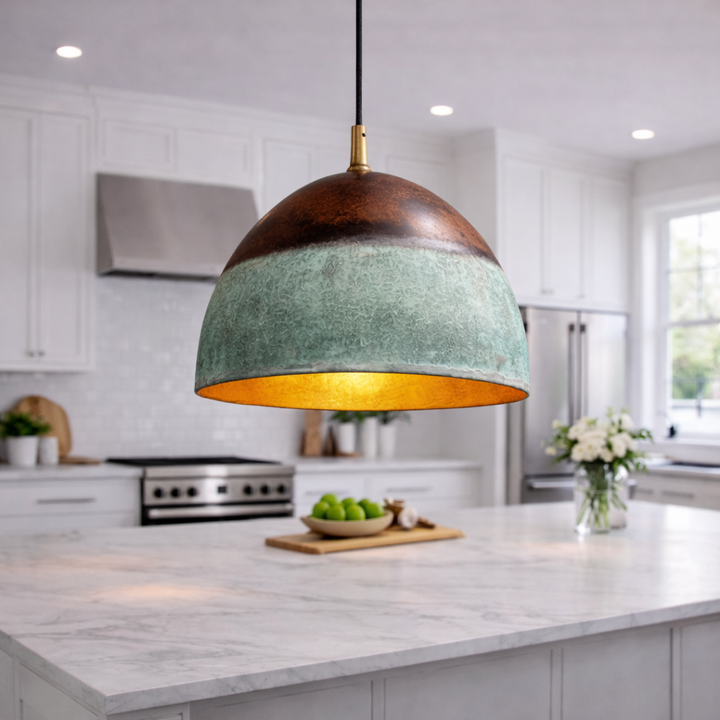 Handmade Moroccan Dome Pendant Light – Rustic Copper &amp; Green Patina Kitchen Island Lamp