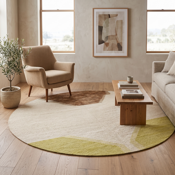 Handmade Moroccan flatweave kilim rug with soft neutral tones and subtle geometric shapes, woven from natural wool.