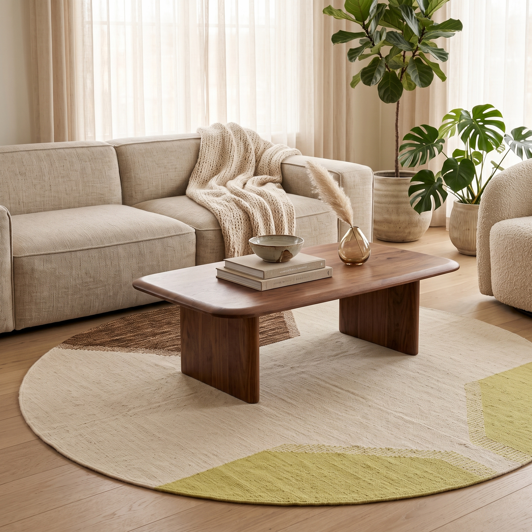 Handmade Moroccan flatweave kilim rug with soft neutral tones and subtle geometric shapes, woven from natural wool.