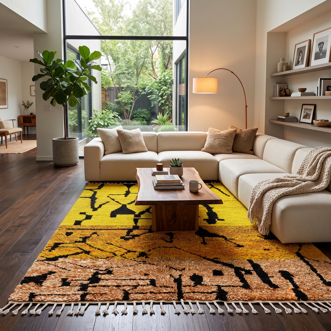 Yellow Moroccan wool rug with abstract Berber design and black line pattern

