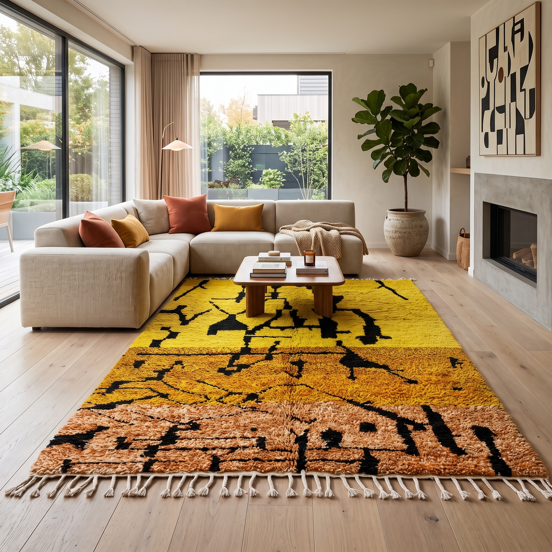 Yellow Moroccan wool rug with abstract Berber design and black line pattern

