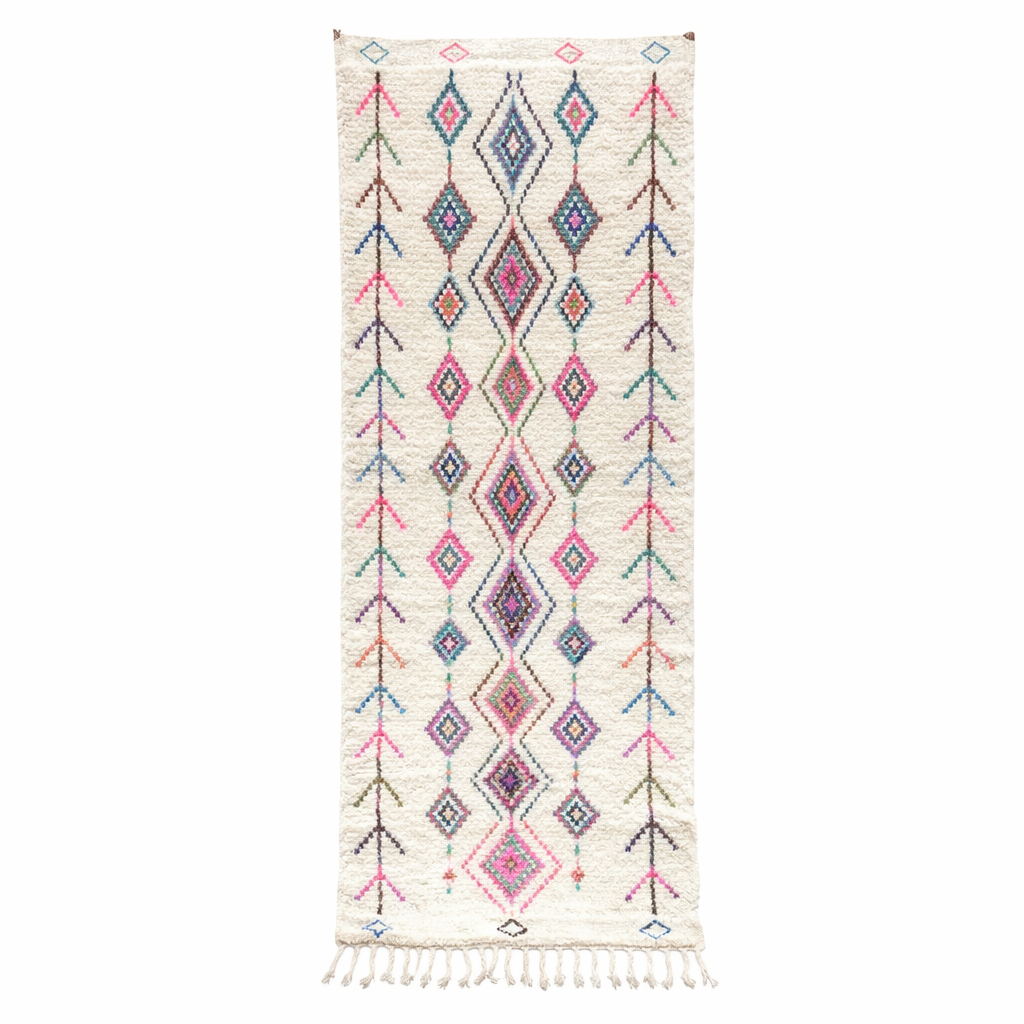 Handmade white Moroccan Berber runner rug with colorful diamond tribal patterns