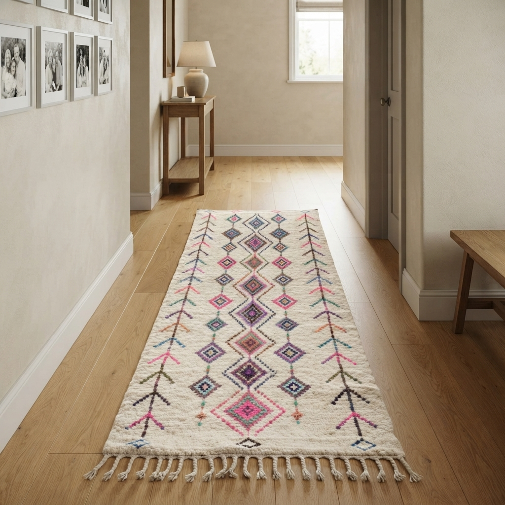 Handmade white Moroccan Berber runner rug with colorful diamond tribal patterns