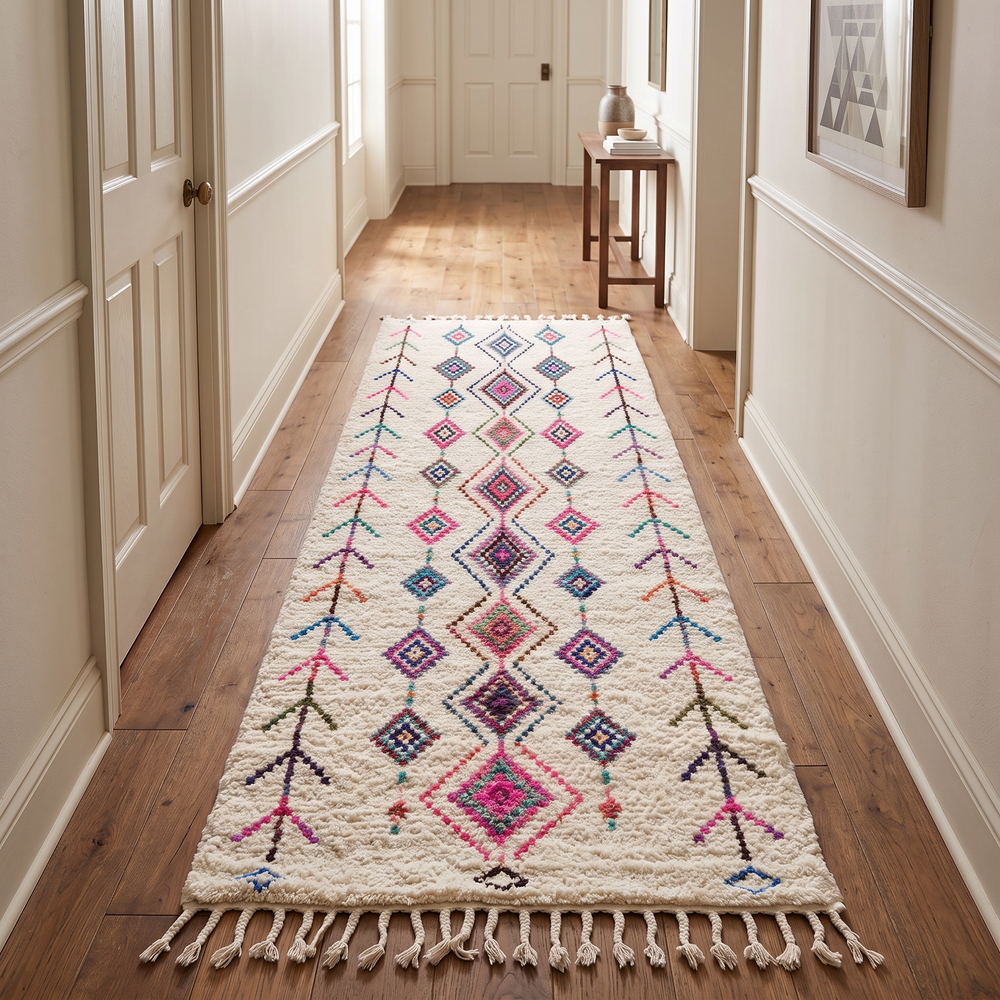 Handmade white Moroccan Berber runner rug with colorful diamond tribal patterns