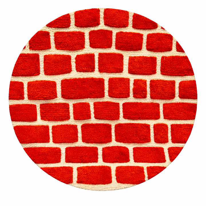 Handmade Moroccan wool rug with red and ivory checkerboard pattern, round shape.