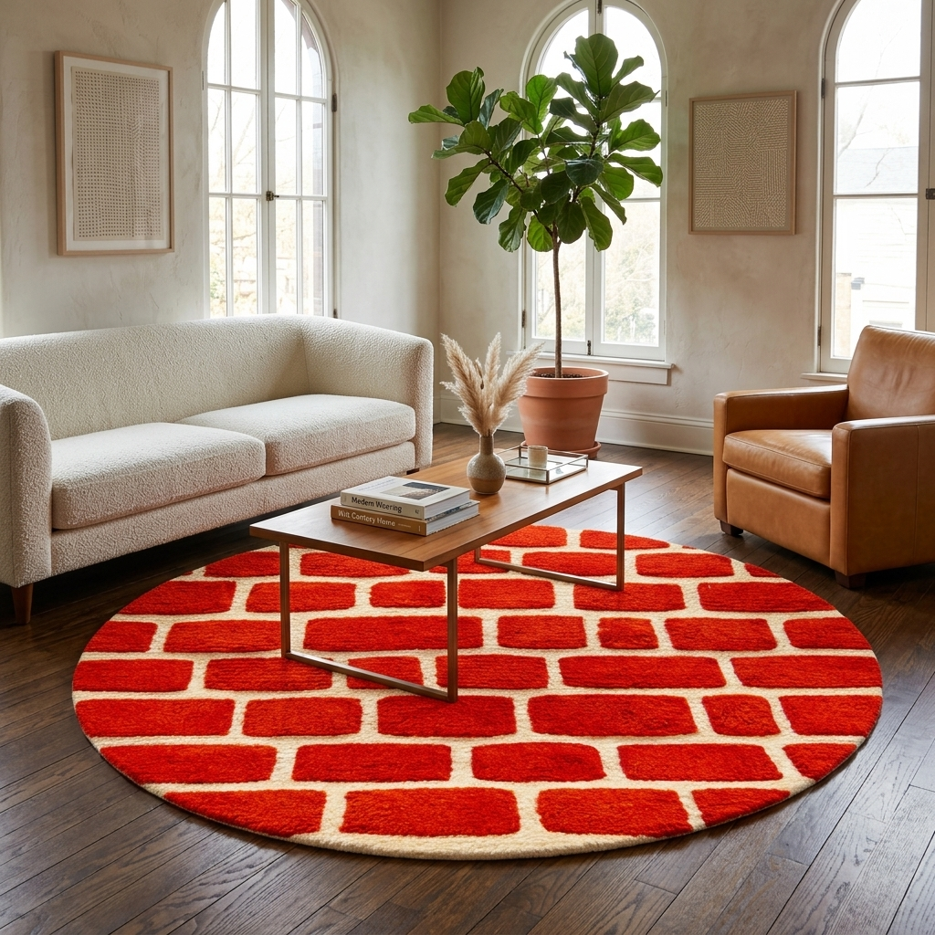 Handmade Moroccan wool rug with red and ivory checkerboard pattern, round shape.