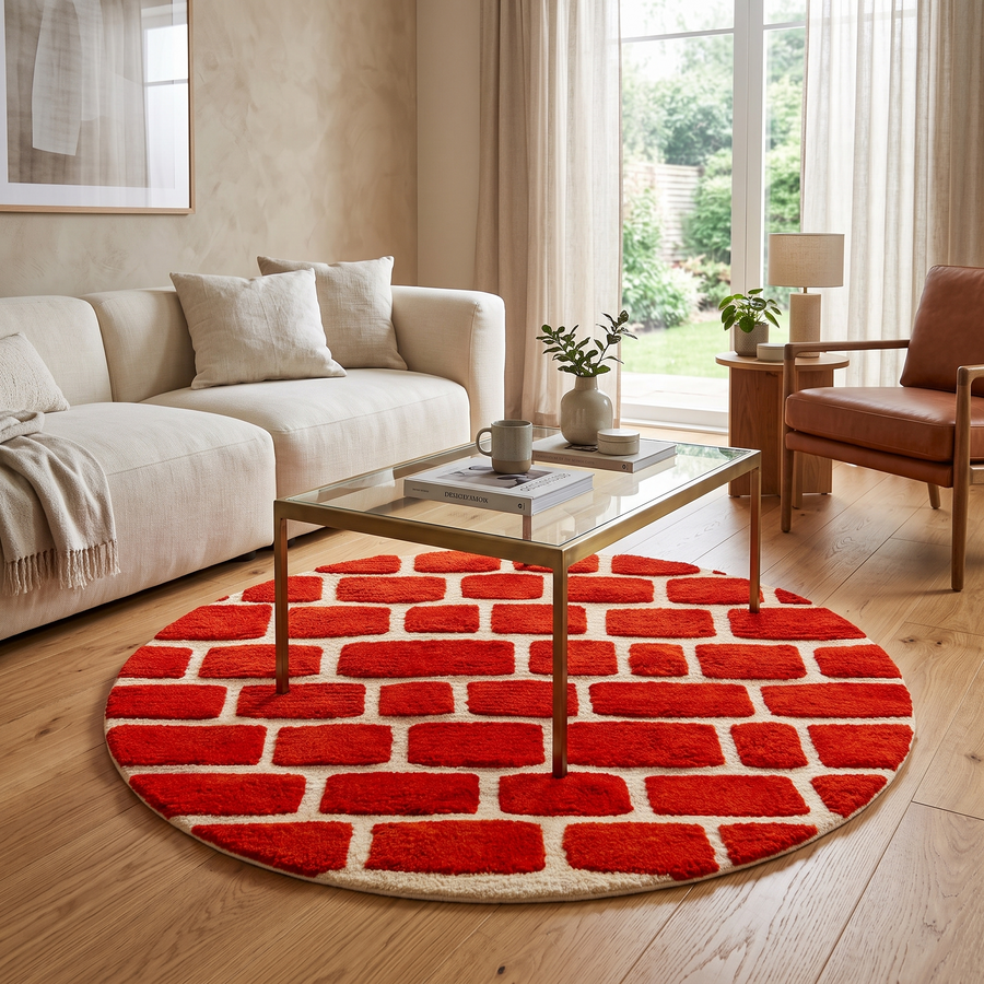 Handmade Moroccan wool rug with red and ivory checkerboard pattern, round shape.