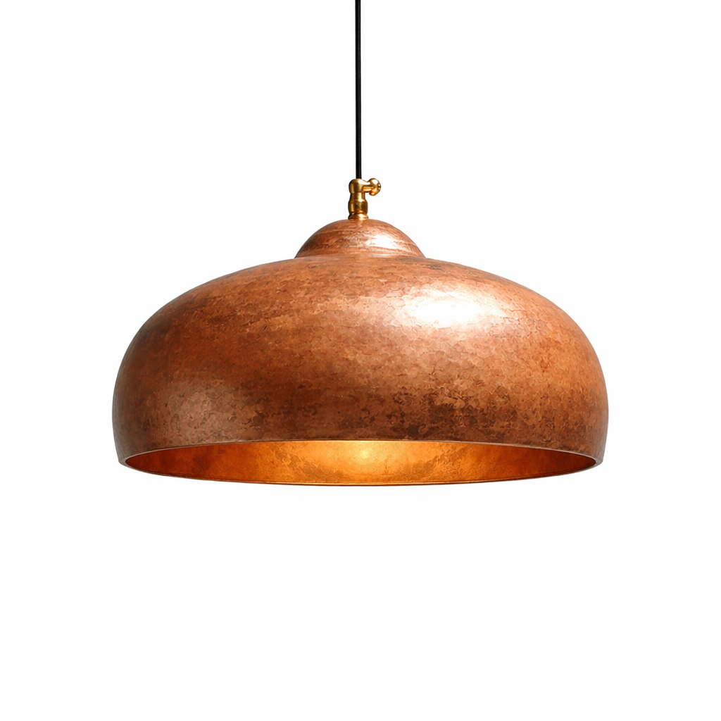Copper pendant light on a white background