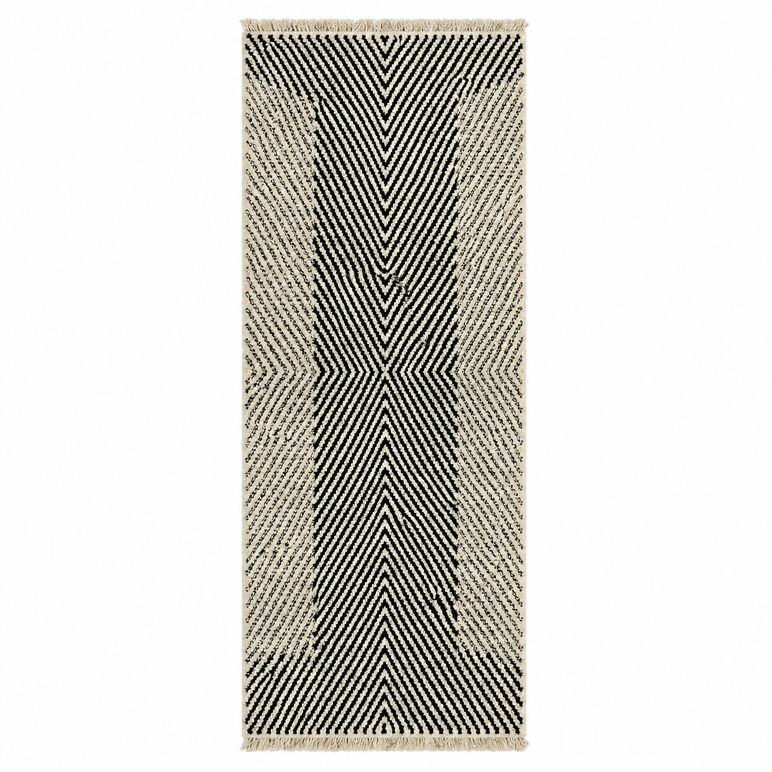 Handmade Moroccan runner rug black and white geometric chevron wool design