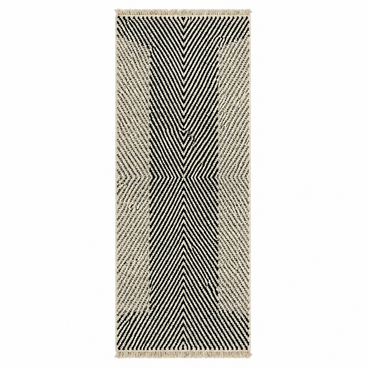 Handmade Moroccan runner rug black and white geometric chevron wool design
