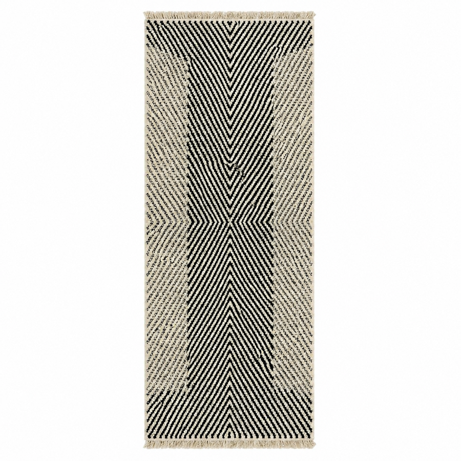 Handmade Moroccan runner rug black and white geometric chevron wool design