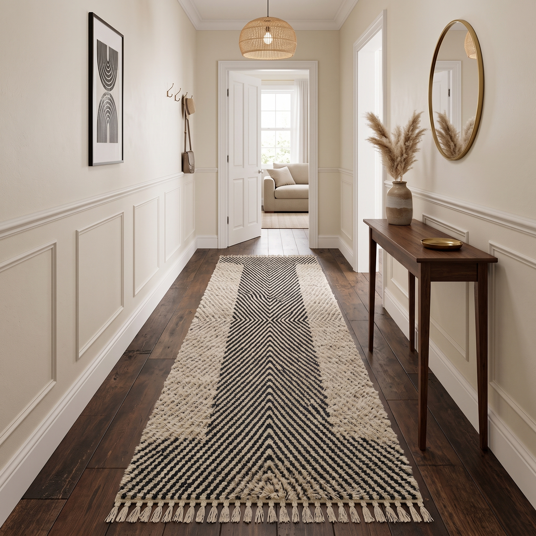 Handmade Moroccan runner rug black and white geometric chevron wool design