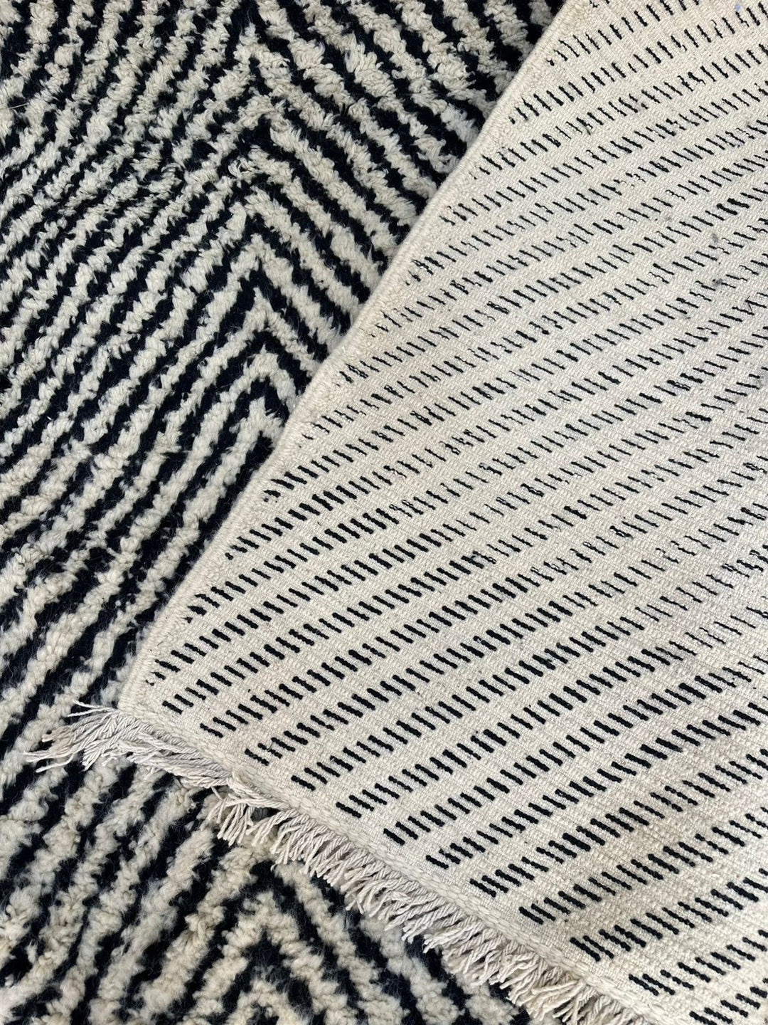 Handmade Moroccan runner rug black and white geometric chevron wool design
