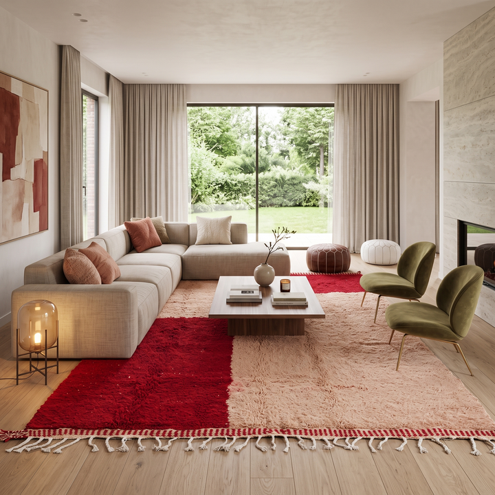 Handwoven Moroccan wool rug with blush pink and deep red geometric blocks, soft shag texture, and white tassel fringe.