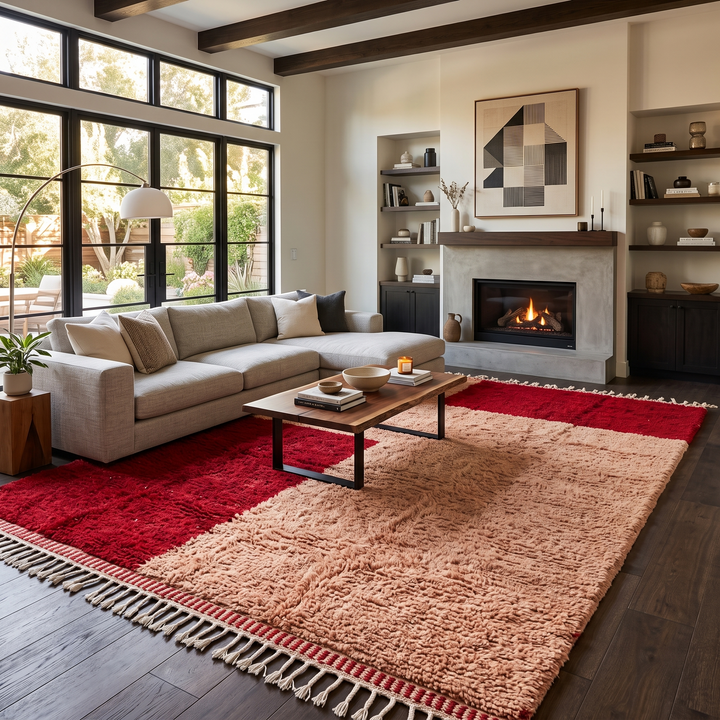 Handwoven Moroccan wool rug with blush pink and deep red geometric blocks, soft shag texture, and white tassel fringe.