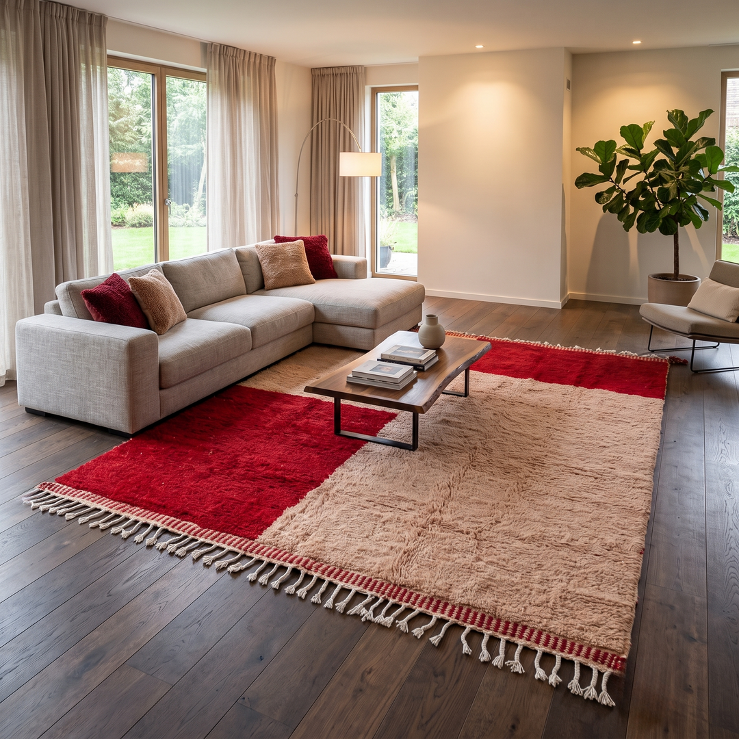 Handwoven Moroccan wool rug with blush pink and deep red geometric blocks, soft shag texture, and white tassel fringe.