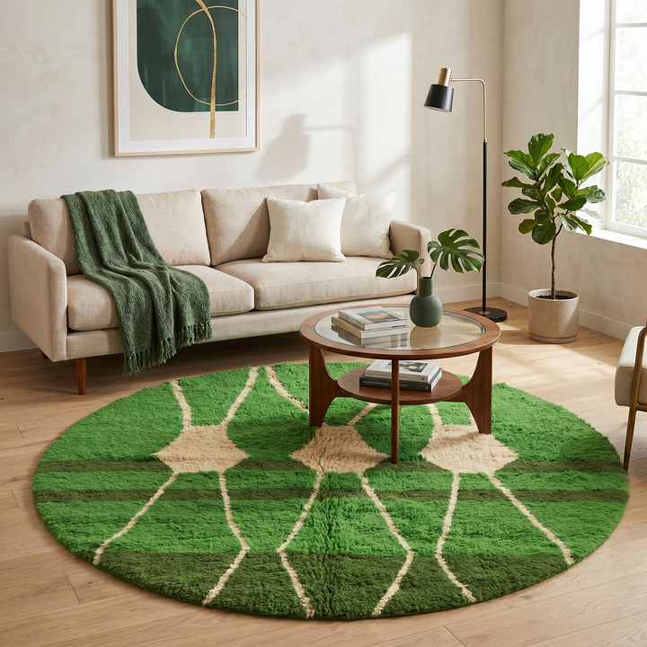 Round handmade Moroccan wool rug in green with ivory Berber pattern