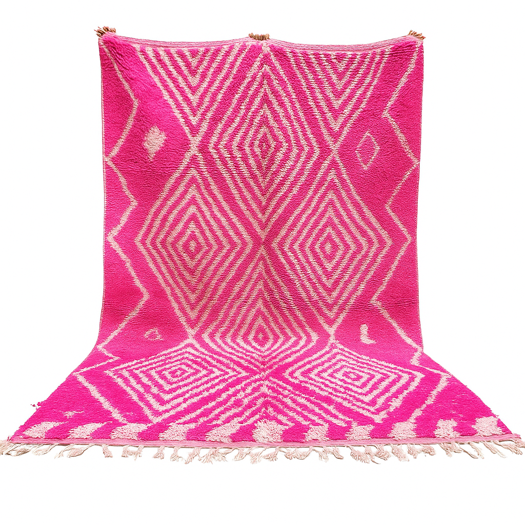 Hot pink Moroccan wool rug with ivory diamond geometric design handmade by Berber artisans