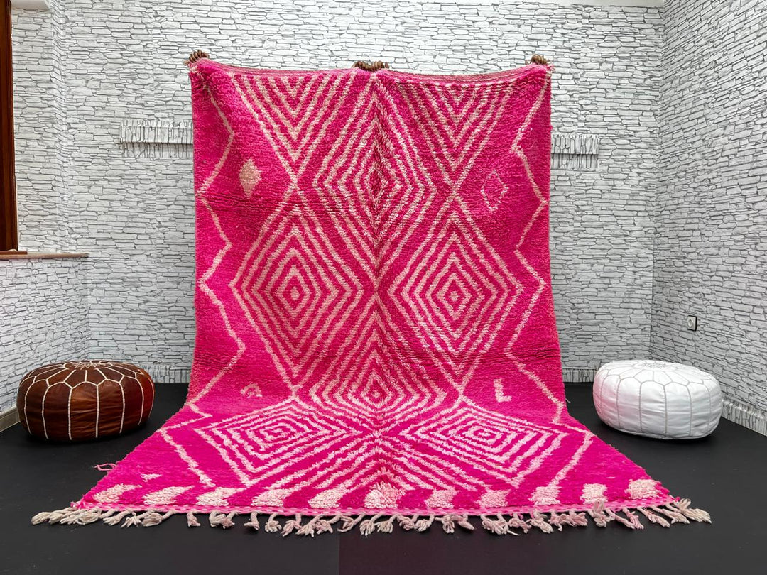 Hot pink Moroccan wool rug with ivory diamond geometric design handmade by Berber artisans