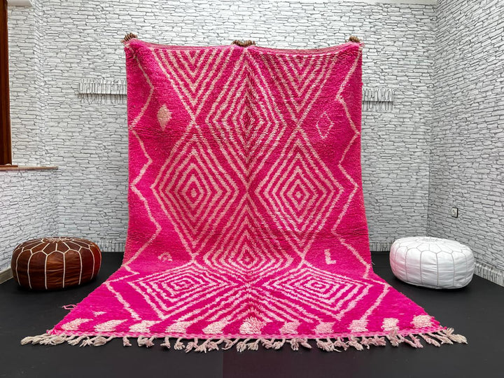 Hot pink Moroccan wool rug with ivory diamond geometric design handmade by Berber artisans