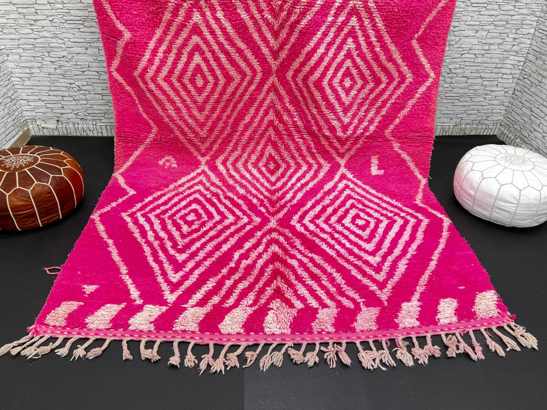 Hot pink Moroccan wool rug with ivory diamond geometric design handmade by Berber artisans