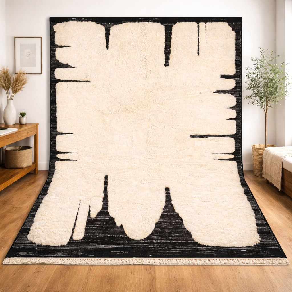 Abstract Cream and Black Wool Moroccan Rug – Modern Handmade Art