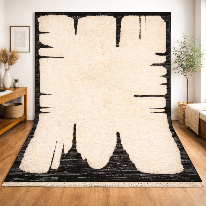 Abstract Cream and Black Wool Moroccan Rug – Modern Handmade Art