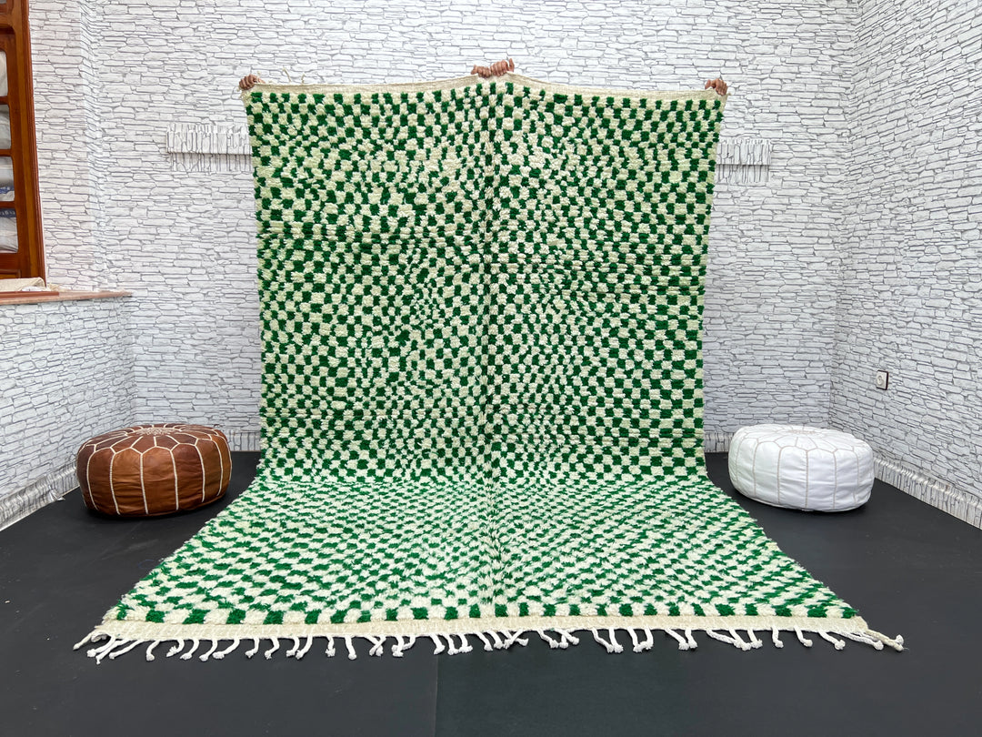 Green Checkered Moroccan Rug – Handmade Wool Carpet