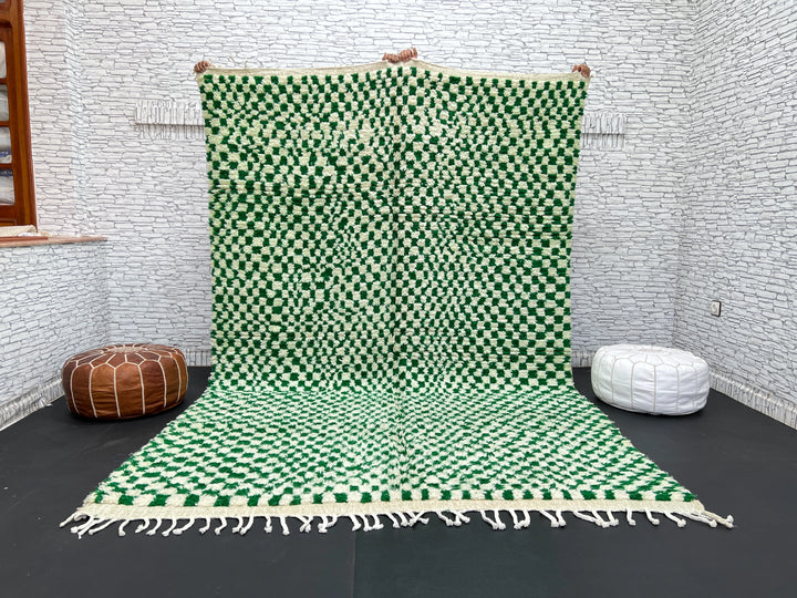 Green Checkered Moroccan Rug – Handmade Wool Carpet