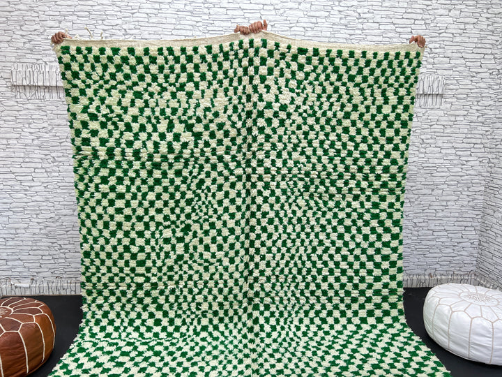 Green Checkered Moroccan Rug – Handmade Wool Carpet