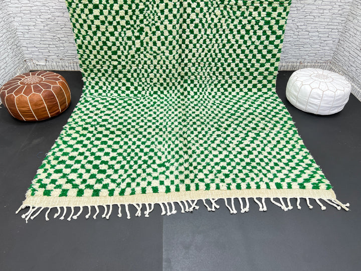 Green Checkered Moroccan Rug – Handmade Wool Carpet