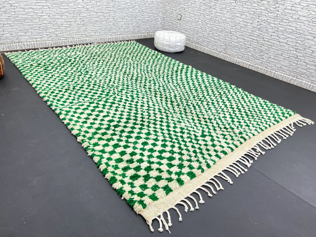 Green Checkered Moroccan Rug – Handmade Wool Carpet