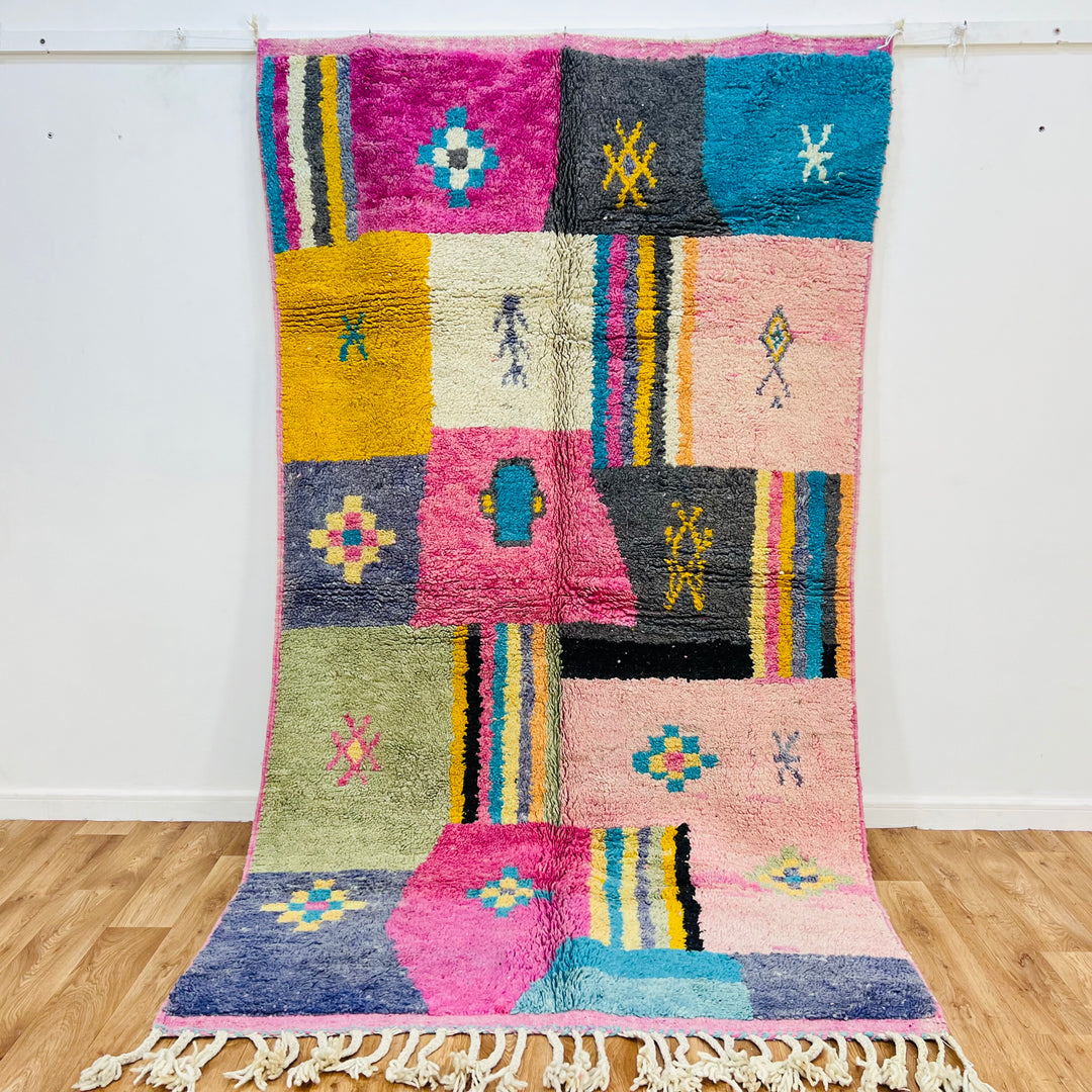 Vintage Moroccan Berber rug, colorful patchwork wool carpet, hand-knotted by Berber women, vibrant geometric design, 8.7x5 ft.
