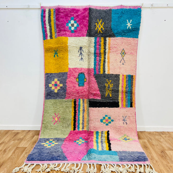 Vintage Moroccan Berber rug, colorful patchwork wool carpet, hand-knotted by Berber women, vibrant geometric design, 8.7x5 ft.