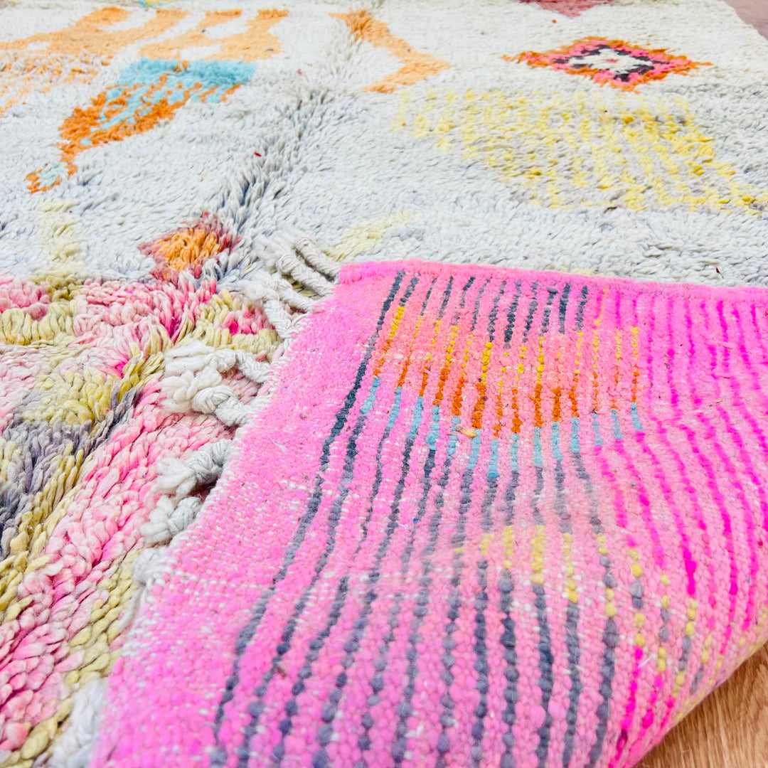 Vintage Moroccan wool rug with colorful tribal symbols, ideal as a boho area rug, handmade by Berber women, 8.5x5.1 ft.
