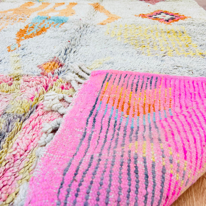Vintage Moroccan wool rug with colorful tribal symbols, ideal as a boho area rug, handmade by Berber women, 8.5x5.1 ft.