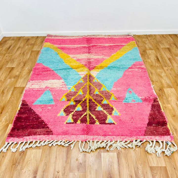 Vintage Moroccan rug 239x170 cm in pink and aqua with Berber tribal design, 100% wool area rug from Morocco, colorful home decor.