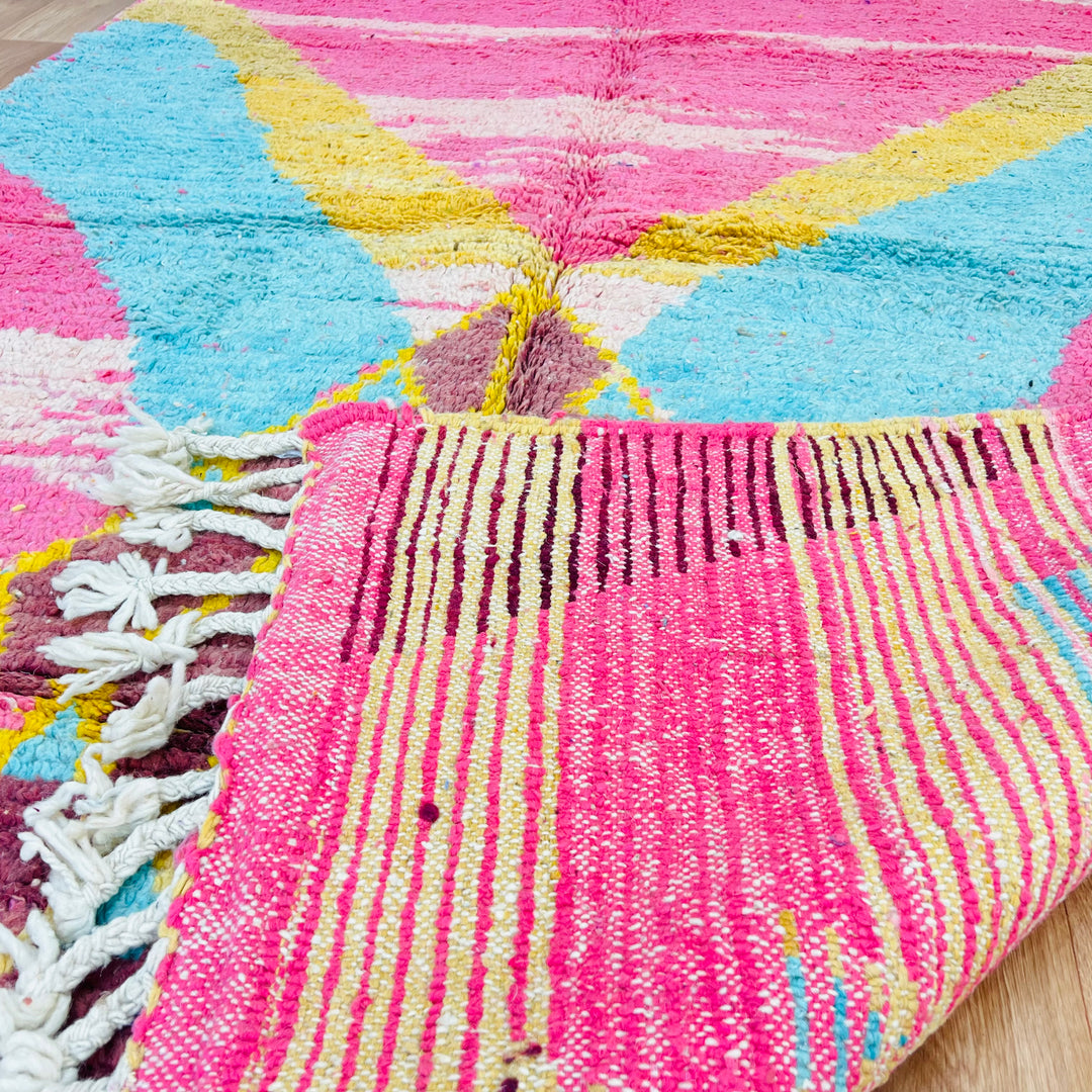 Vintage Moroccan rug in pink and aqua with Berber tribal design, 239x170 cm, handwoven wool, vibrant colors, and plush texture.