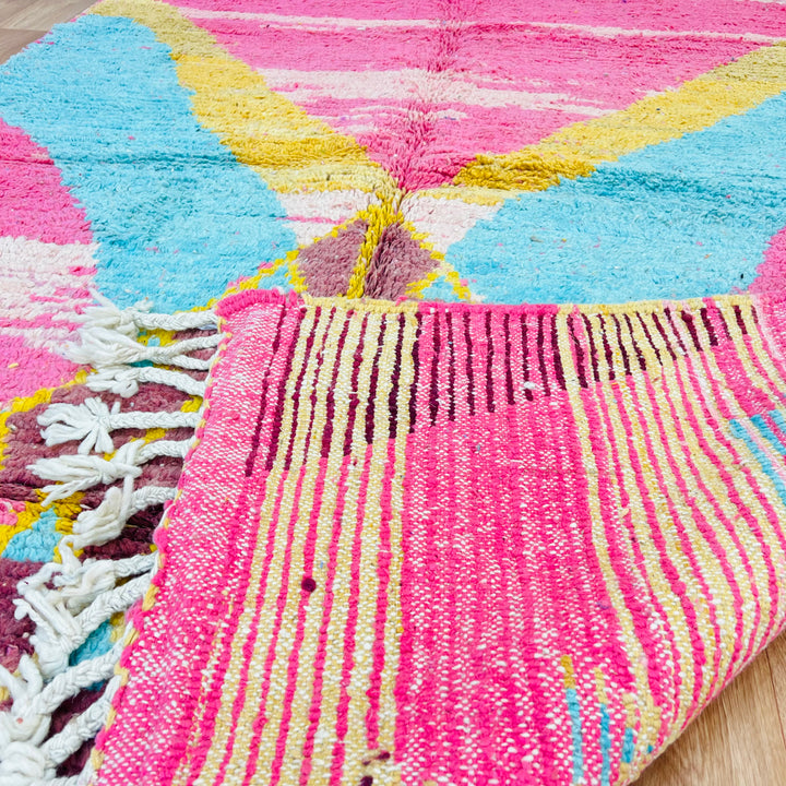 Vintage Moroccan rug in pink and aqua with Berber tribal design, 239x170 cm, handwoven wool, vibrant colors, and plush texture.
